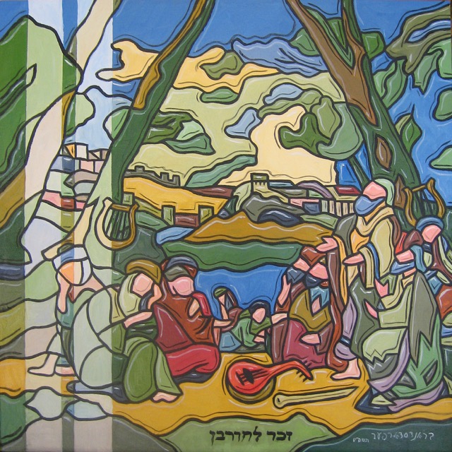 Illustration of Bible story of the Levites resting by the rivers of Babylon on the way to captivite.