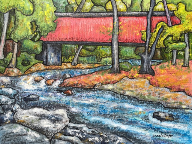 Covered bridge over Wissahickon Creek, Philadelphia. Done in oil and wax crayons on canvas panel.