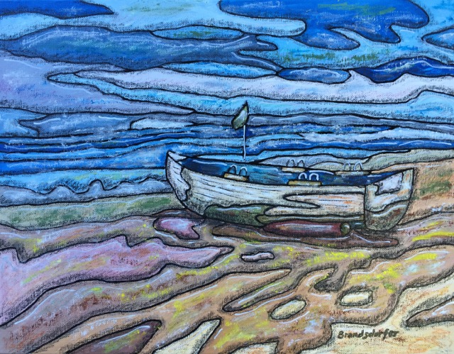 Lifeguard boat, Ocean City, NJ. oil and wax crayon on canvas panel.