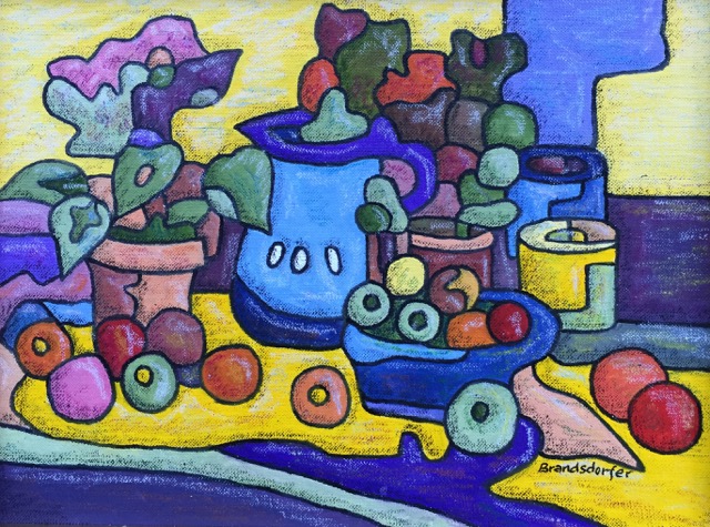 Still Life, Oil and wax crayon on canvas panel. Pendergast