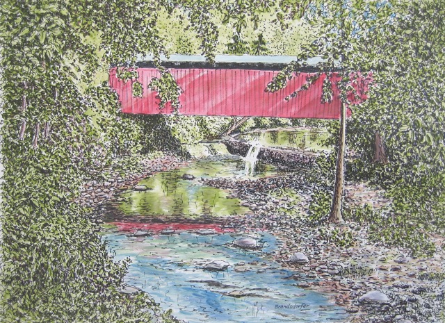 Watercolor of the covered bridge over the Wissahickon Creek in Fairmount PArk, Philadelphia