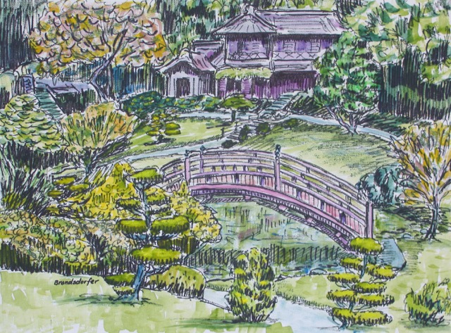 Watercolor, Japanese Garden at the Huntington Libery, Pasadena CA